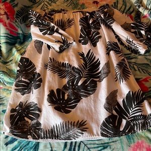 Off-Shoulder Dress with Black Leaf Print
